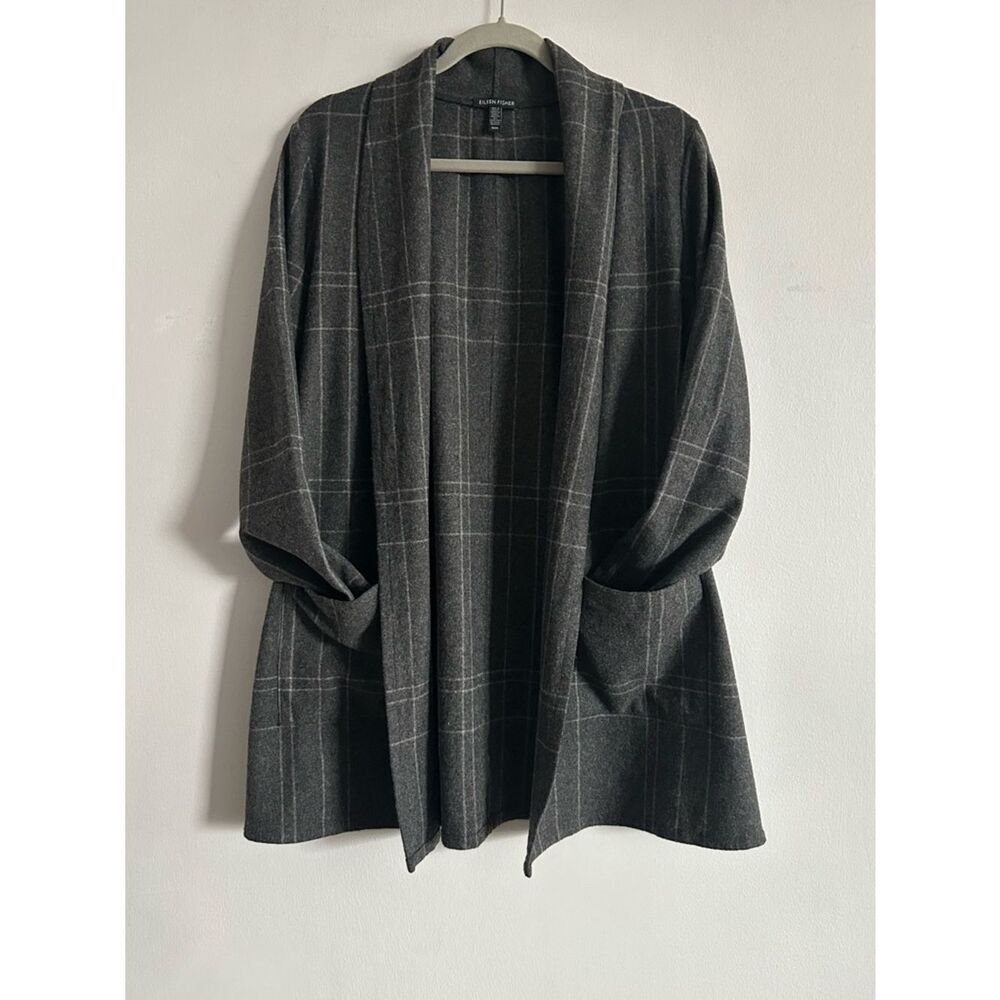 Eileen Fisher Charcoal Gray Windowpane Plaid Open Front Jacket/Cardigan